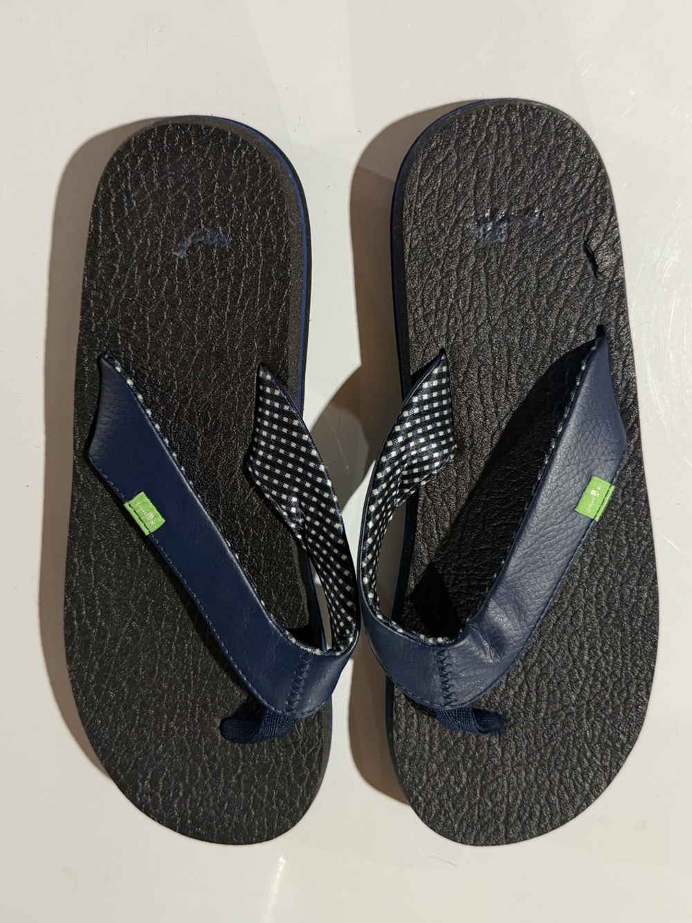 Sanuk Black Flip Flops with Navy Straps